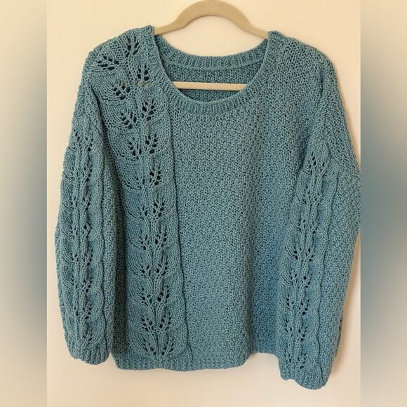 Sweaters - Cotton Hand Made Crew Neck Long Sleeves Teal Cable Knit Sweater size Medium